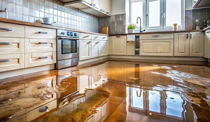 Flooded kitchen floor from a leaky faucets and fixtures