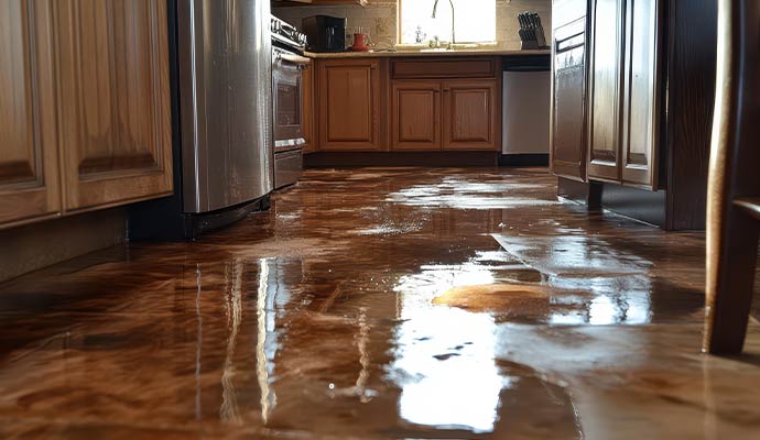 Kitchen water damage caused by an appliance leak