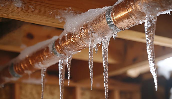 A frozen copper water pipe hanging icicles