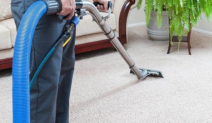 Worker performing carpet cleaning services with professional equipment.