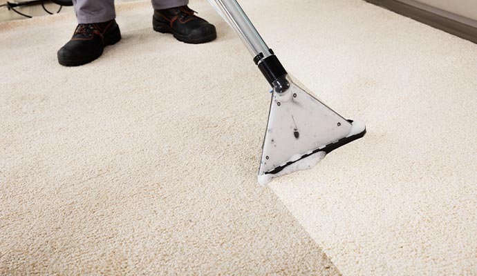 Worker using a vacuum cleaner to clean a carpet.